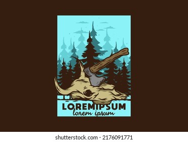 an ax stuck in a buffalo skull illustration design