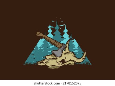 an ax stuck in a buffalo skull illustration design