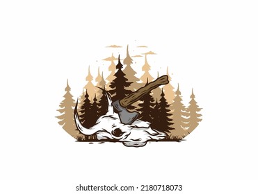 an ax stuck in a buffalo skull illustration design