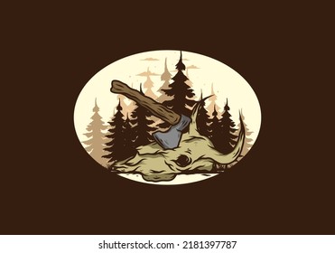 an ax stuck in a buffalo skull illustration design