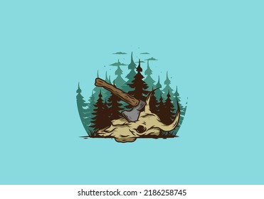 an ax stuck in a buffalo skull illustration design