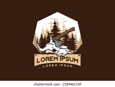 an ax stuck in a buffalo skull illustration design