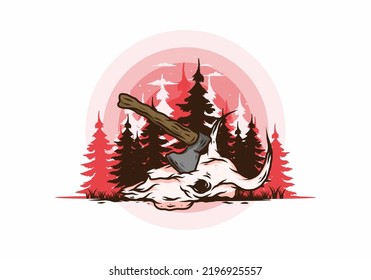 an ax stuck in a buffalo skull illustration design
