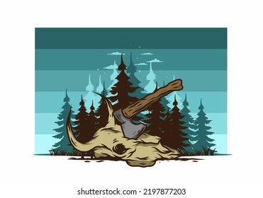 an ax stuck in a buffalo skull illustration design