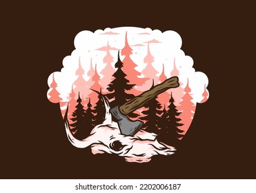 an ax stuck in a buffalo skull illustration design