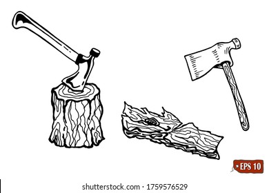 The ax stuck in a tree stump. Vector hand drawn illustration set of ax, stump and bark of tree. Drawing, engraving, ink, line art.