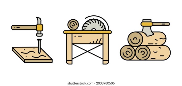 Ax steckte in Baumstumps, Hammernägel und Hopping-Icon Set. Dünne Liniensymbole des Holzproduktionsprozesses. Symbol-Set für die Herstellung. Silhouette, bunter und lineares Set.