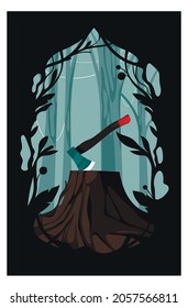 Ax in the stump. Forest. Deforestation, ecology. Vector illustration.