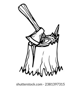 Ax in stump sketch. Tool for chopping wood. Hand drawn illustration.