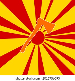 Ax symbol on a background of red flash explosion radial lines. The large orange symbol is located in the center of the sun, symbolizing the sunrise. Vector illustration on yellow background
