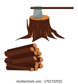 Ax with timber icon. Wood set vector