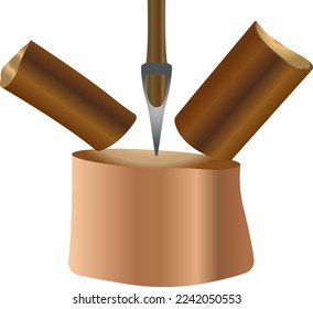 Ax in a tree. The ax cuts wood. Natural resources. Vector illustration.