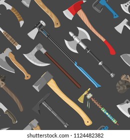 Ax vector metal axe equipment with wooden handle illustration set of hatchet with sharp blade for construction and ancient tool seamless pattern background