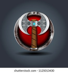 Ax of the Warrior, rusty iron rounded badge icon. For Ui Game.