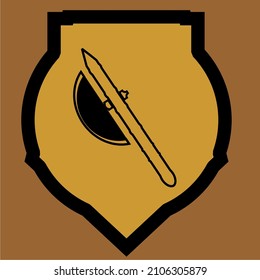 arma de hacha en un escudo de logo sobre fondo marrón