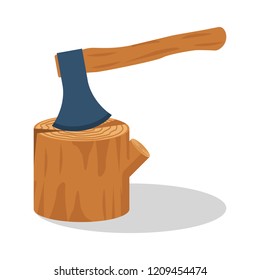 Ax wood. Axe stuck in the stump. Chopping wood. Vector illustration flat design. Isolated on white background.