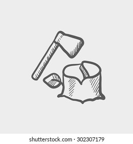 Ax and wood sketch icon for web and mobile. Hand drawn vector dark grey icon on light grey background.