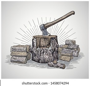 Ax in a wooden stump surrounded by chopped logs, illustration in a graphic style and painted in color