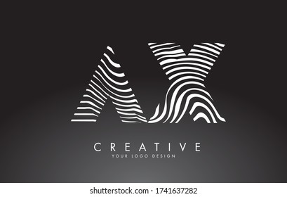 AX a x Letters Logo Design with Fingerprint, black and white wood or Zebra texture on a Black Background. Creative AX a x vector illustration with black and white lines.