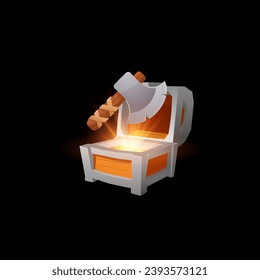 Ax über offener Brust. Mittelalterliche Waffen und glühende Box-Spieledesign-Elemente. Cartoon, Vektorgrafik auf dunklem Hintergrund.
