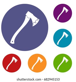 Axe In blood icons set in flat circle red, blue and green color for web
