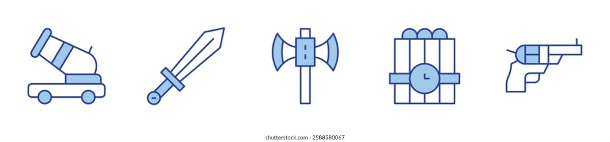 axe, cannon, dynamite, revolver, sword. War Icon vector illustration. Line Duotone style. Editable stroke.