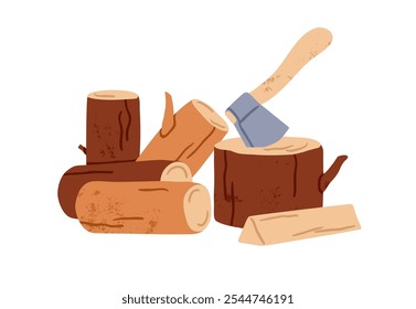 Axe and chopped wood logs. Firewood, timber pile. Wooden lumber heap, ax tool for cutting hardwood, forest. Survival country activity. Rural flat vector illustration isolated on white background