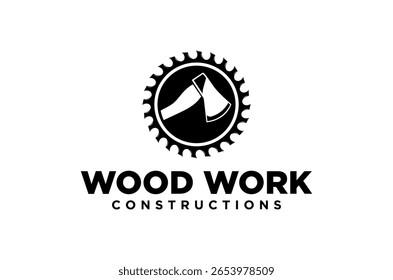 Axe and circular saw Black and white logo design for Wood Work Constructions, vector illustration.