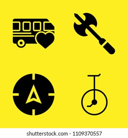 axe, compass, unicycle and bus vector icon set. Sample icons set for web and graphic design