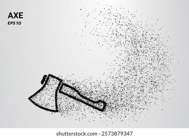 An axe depicted with small circles and dots, with particles swirling around it. Vector illustration.