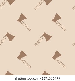 Axe Doodle Seamless Pattern. Minimalist background with falling cut down a tree and lumberjack equipment. Repeat vector illustration in hand drawn style