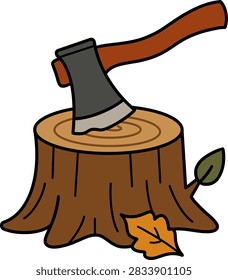 Axe Embedded in Tree Stump with Autumn Leaf Flat Vector Illustration