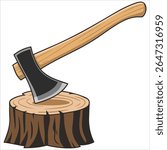 Axe embedded in tree stump isolated