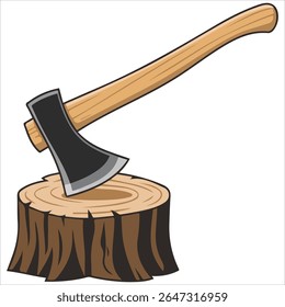 Axe embedded in tree stump isolated