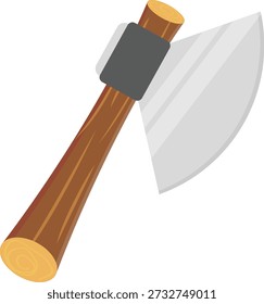 Eine Axt mit einem Holzgriff und einer scharfen Metallklinge, die auf einer Holzfläche ruht.