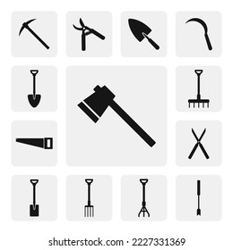 Axe flat icon for web. Simple axe or lumberjack sign web icon silhouette. Minimalist axe solid black icon vector design. Garden axe logo. Garden tools concept icon set bundle