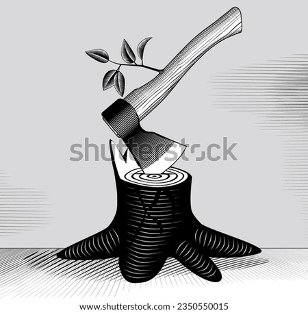 An axe with a growing branch from the handle embedded in the stump of a sawn tree. Vintage engraving stylized drawing. Vector illustration