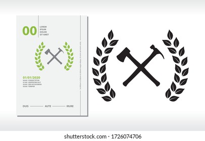 axe and hammer inside laurel leaves frame, vector flyer template