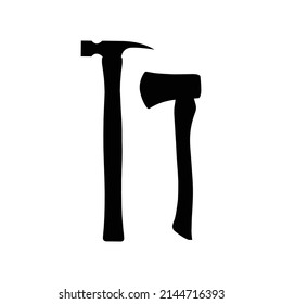 Axe and Hammer Silhouette. Black and White Icon Design Element on Isolated White Background