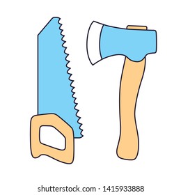 Axe and hand saw icon vector