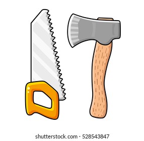 Axe and hand saw isolated.