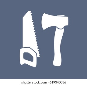 Axe and hand saw vector icon.