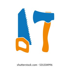Axe and hand saw, woodwork tools icon isolated.