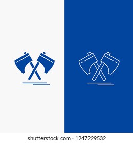 Axe, hatchet, tool, cutter, viking Line and Glyph web Button in Blue color Vertical Banner for UI and UX, website or mobile application