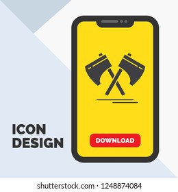 Axe, hatchet, tool, cutter, viking Glyph Icon in Mobile for Download Page. Yellow Background