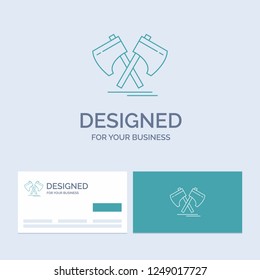 Axe, hatchet, tool, cutter, viking Business Logo Line Icon Symbol for your business. Turquoise Business Cards with Brand logo template