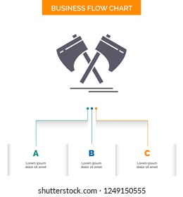 Axe, hatchet, tool, cutter, viking Business Flow Chart Design with 3 Steps. Glyph Icon For Presentation Background Template Place for text.