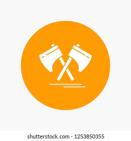 Axe, hatchet, tool, cutter, viking White Glyph Icon in Circle. Vector Button illustration
