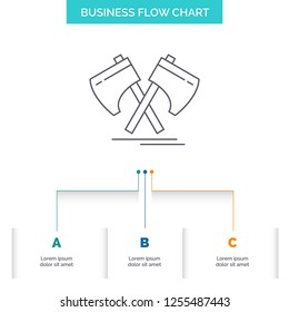 Axe, hatchet, tool, cutter, viking Business Flow Chart Design with 3 Steps. Line Icon For Presentation Background Template Place for text
