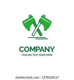Axe, hatchet, tool, cutter, viking Flat Business Logo template. Creative Green Brand Name Design.
